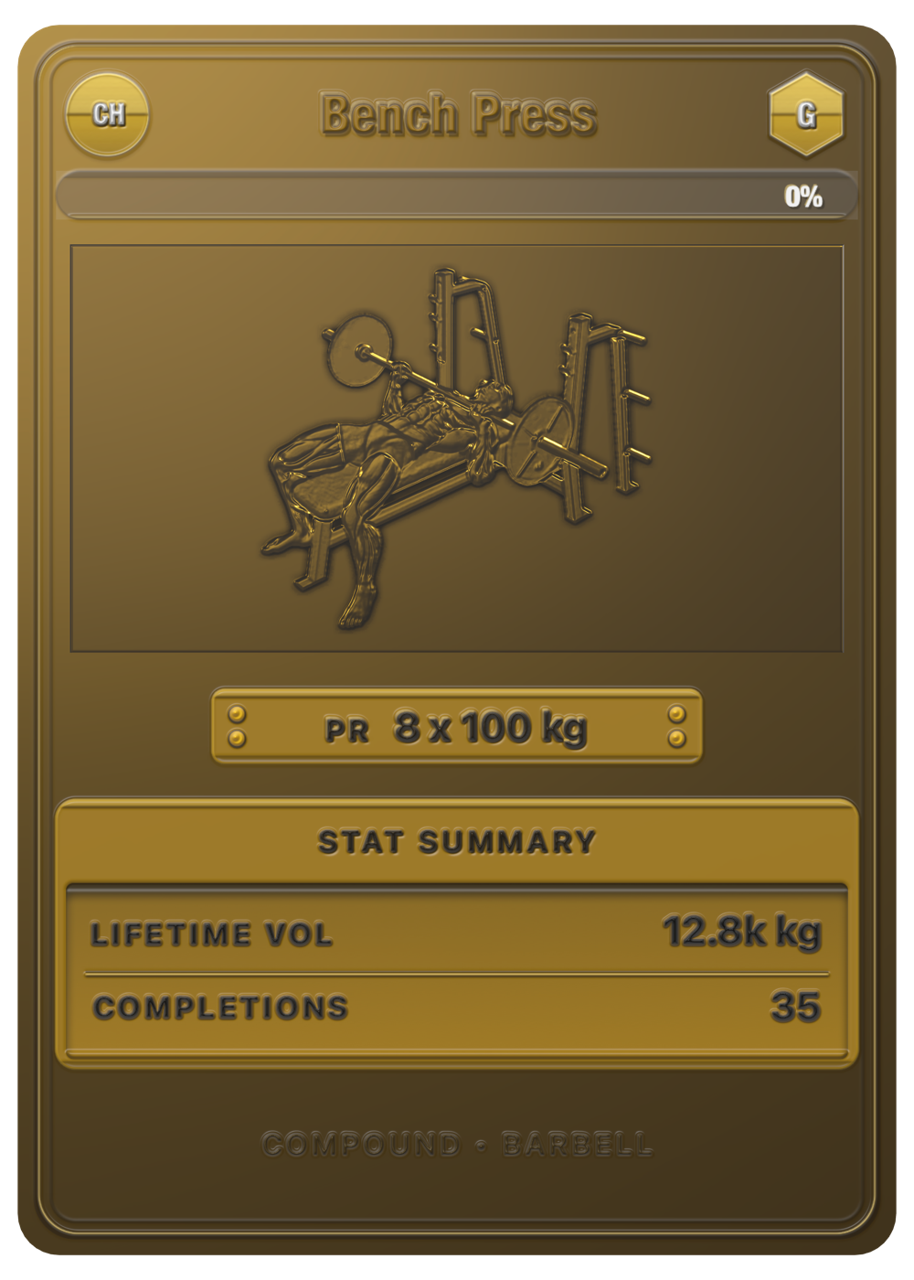 A gold STKD exercise card showing a bench press